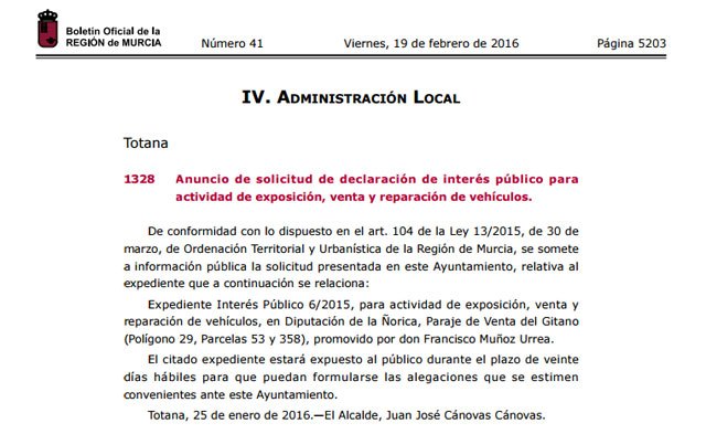El BORM publica un anuncio de solicitud de declaración de interés público para actividad de exposición, venta y reparación de vehículos en Totana, Foto 1