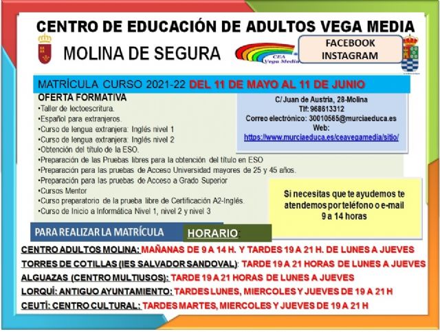 Abierto el plazo de solicitud de matrícula para el Centro Comarcal de Educación de Adultos Vega Media de Molina de Segura hasta el día 11 de junio - 1, Foto 1