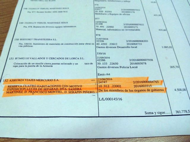 El PP de Lorca se niega a dar información sobre una factura de 4.500 euros por cuatro habitaciones de hotel para miembros del Gobierno local y personal de confianza - 1, Foto 1