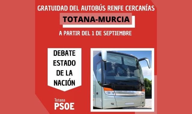 El autobús de Renfe cercanías Totana-Murcia será gratuito a partir del 1 de septiembre