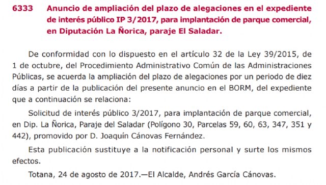 Anuncio de ampliación del plazo de alegaciones en el expediente de interés público IP 3/2017, para implantación de parque comercial, en Diputación La Ñorica, paraje El Saladar, Foto 1