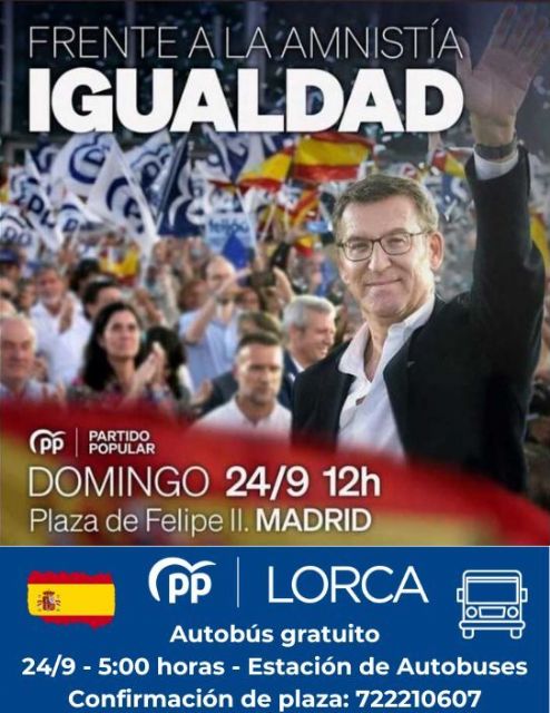 El PP de Lorca pondrá un autobús gratuito para asistir a la manifestación de Madrid contra la amnistía del próximo domingo - 1, Foto 1