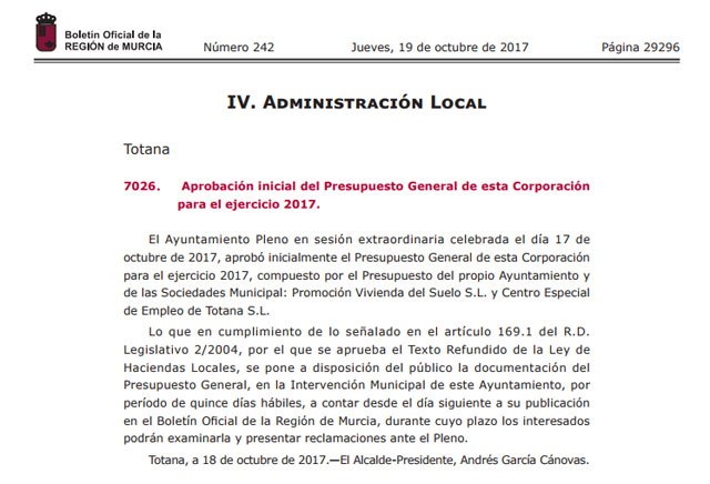 El BORM publica hoy la aprobación inicial del Presupuesto General del Ayuntamiento de Totana para el ejercicio 2017, Foto 1