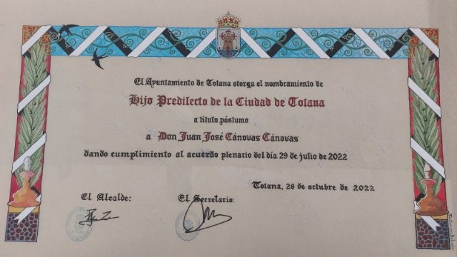 El acto institucional de concesión del Título de Hijo Predilecto de la Ciudad de Totana al anterior alcalde, Juan José Cánovas, tendrá lugar el viernes 28 de octubre