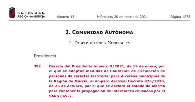 El BORM publica la orden  por el que se adoptan medidas de limitación de circulación de personas de carácter territorial, Foto 1