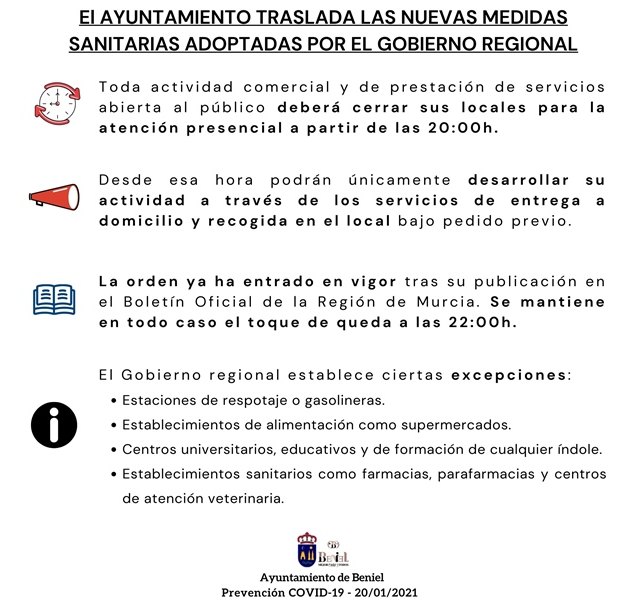 Entra en vigor la orden de cierre presencial de la actividad comercial y de servicios desde las 20:00h en la Región de Murcia - 1, Foto 1