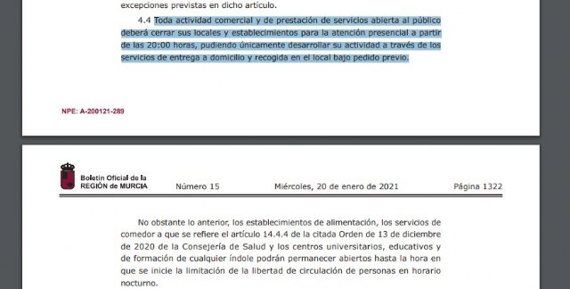 Entra en vigor la orden de cierre presencial de la actividad comercial y de servicios desde las 20:00 horas en la Región de Murcia, Foto 1