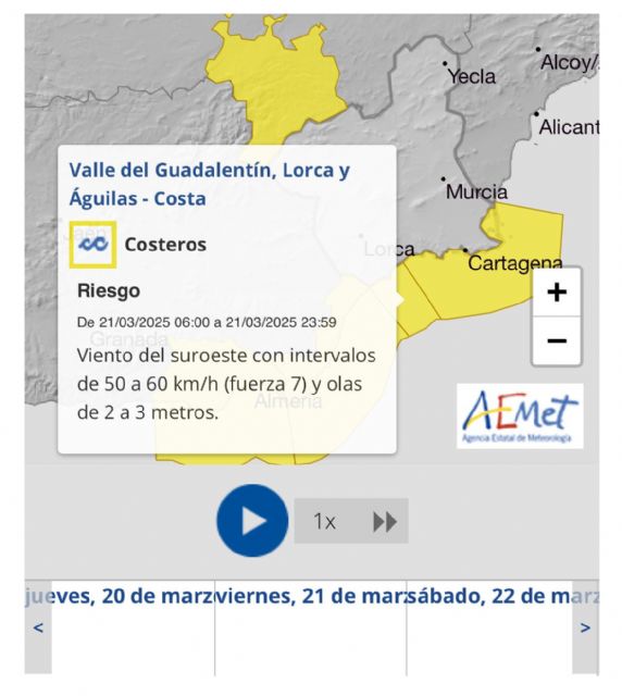 La AEMET activa el aviso amarillo por vientos fuertes y fenómenos costeros en Lorca - 1, Foto 1
