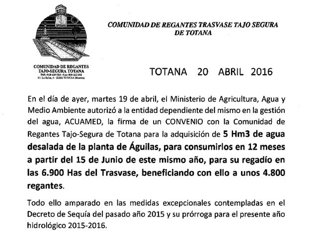 Some 4,800 water users will benefit from the agreement between ACUAMED and the Community of Irrigators of Totana, Foto 1