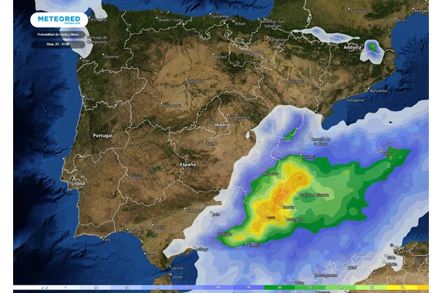 Zonas con mayor probabilidad de lluvias en la tarde del domingo, en verde, amarillo y naranja., Foto 1