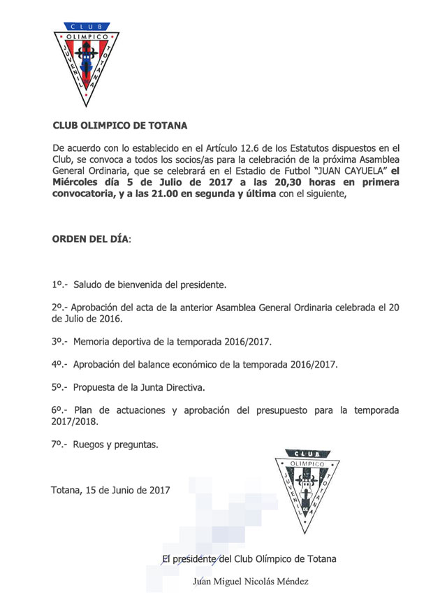 El Club Olímpico de Totana convoca a los socios/as a la Asamblea General Ordinaria que tendrá lugar el próximo 5 de julio, Foto 1
