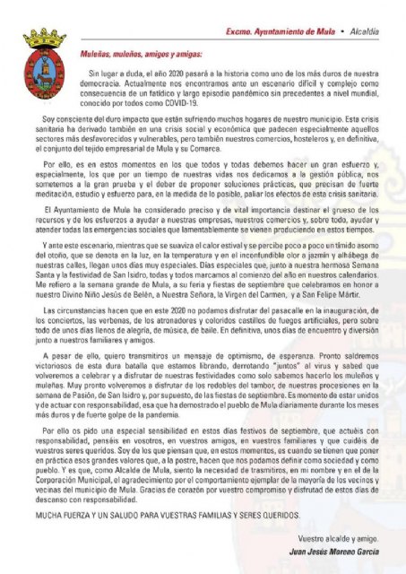 Carta del Alcalde a los ciudadanos de Mula. Septiembre 2020 - 1, Foto 1