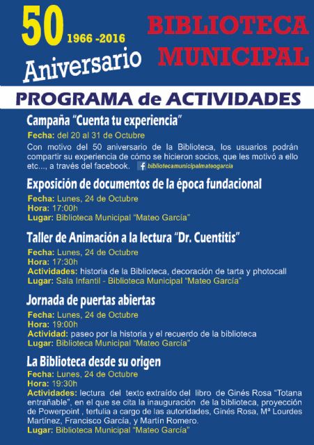 The next Monday, October 24, there will be a program of activities to mark the 50th anniversary of the Library "Mateo Garcia", Foto 2