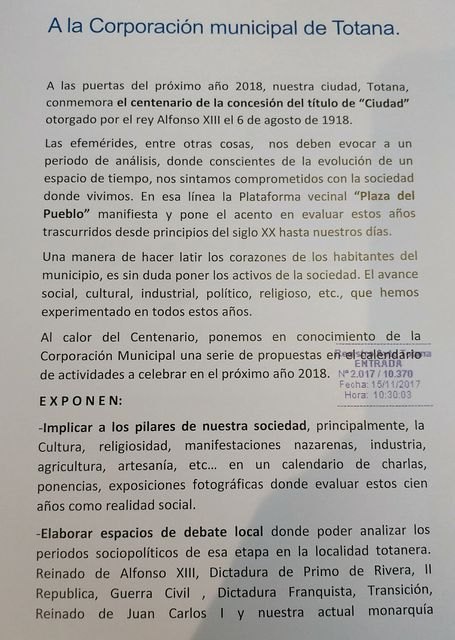 They propose the realization of several activities on the occasion of the centenary of the concession of the title of "City" granted to Totana by King Alfonso XIII, Foto 1