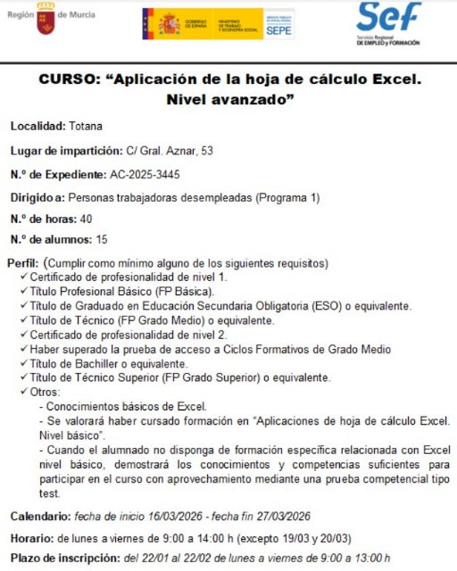 Totana acogerá un curso gratuito de Excel avanzado dirigido a personas desempleadas - 2, Foto 2