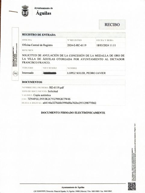 Vuelen a pedir la retirada de la Medalla de Oro de la Villa de Águilas concedida al dictador Franco - 1, Foto 1