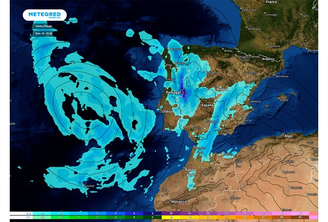 En la madrugada del domingo, la borrasca ya estará al oeste de Portugal extendiendo frentes que irán barriendo la Península de suroeste a noreste., Foto 1