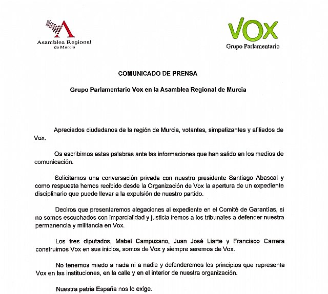 Comunicado del GP VOX de la Asamblea Regional de Murcia - 2, Foto 2