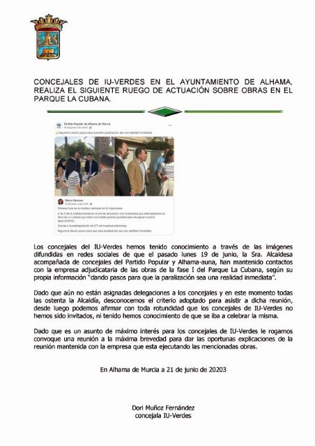IU Alhama lucha por la transparencia: La Alcaldesa excluye a concejales en la reunin con la empresa del proyecto de la Cubana STV, Foto 1