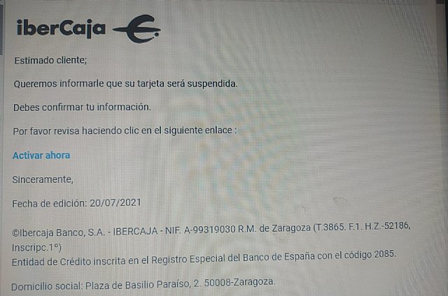 ONSUMUR alerta de un nuevo caso de phishing para los clientes de IberCaja - 1, Foto 1