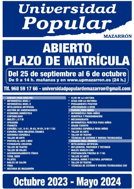 La Universidad Popular abre el prximo lunes 25 de septiembre el plazo de matrcula en sus cursos y talleres, Foto 1