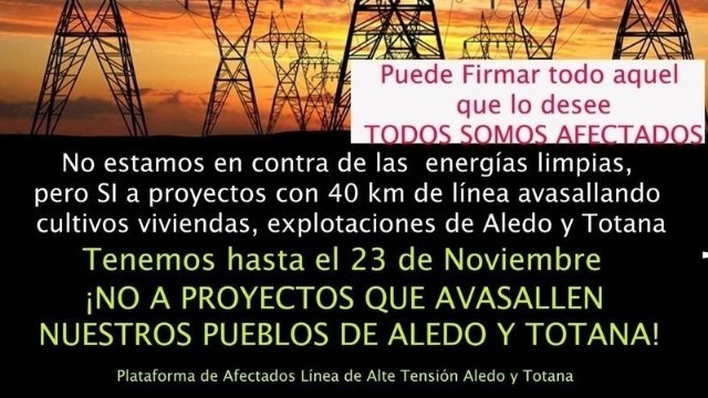 They launch a campaign to collect signatures in "change.org" to "avoid the disaster for the towns of Aledo and Totana of the High Voltage Line", Foto 1