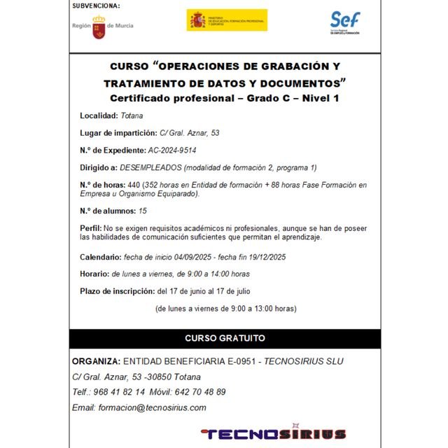 Abierto el plazo de inscripción para un curso gratuito de grabación y tratamiento de datos en Totana, Foto 2
