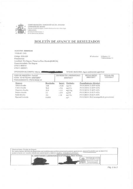 Tanto la nota de HUERMUR como lo publicado en los medios de comunicación se limita a recoger lo señalado en el informe del Comisario de Aguas de la CHS - 1, Foto 1