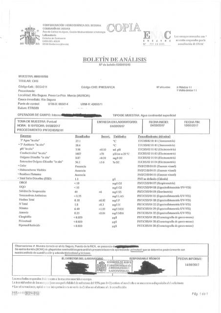 Tanto la nota de HUERMUR como lo publicado en los medios de comunicación se limita a recoger lo señalado en el informe del Comisario de Aguas de la CHS - 2, Foto 2