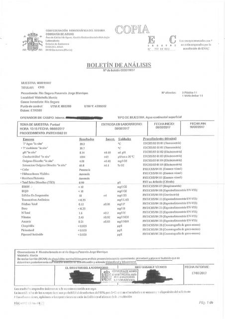 Tanto la nota de HUERMUR como lo publicado en los medios de comunicación se limita a recoger lo señalado en el informe del Comisario de Aguas de la CHS - 3, Foto 3