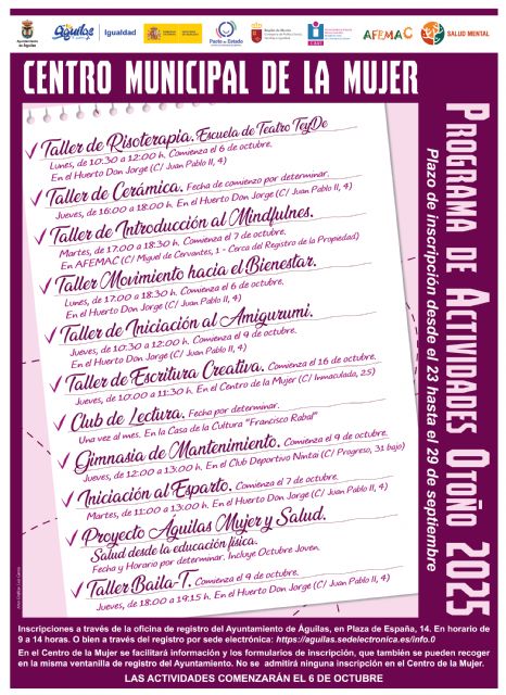 Mañana, 23 de septiembre, se abre el plazo de inscripción para los Talleres de Otoño del Centro Municipal de la Mujer - 1, Foto 1