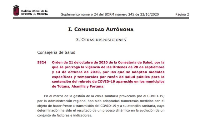 Medidas específicas y temporales por razón de salud pública para la contención del rebrote de COVID-19 aparecido en Totana, Abanilla y Fortuna, Foto 2