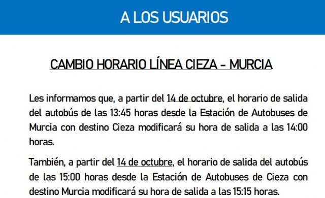 Cambio horario en la línea de autobús Cieza - Murcia - 1, Foto 1