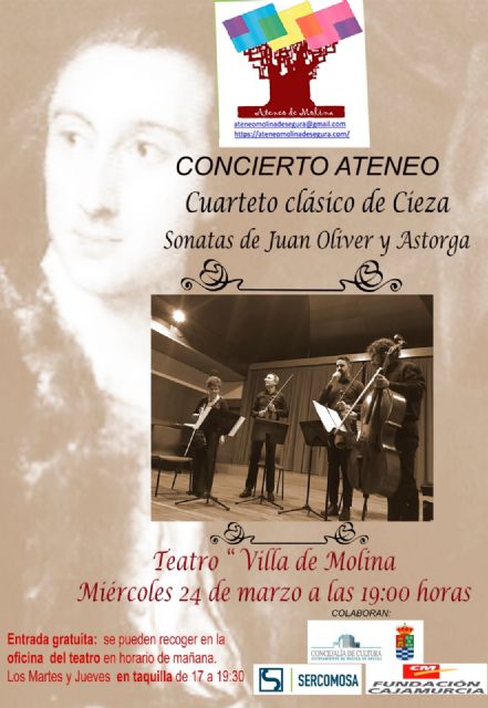 El Ateneo de Molina promueve el concierto SONATAS DE JUAN OLIVER Y ASTORGA, a cargo del Cuarteto Clásico de Cieza, el miércoles 24 de marzo en el Teatro Villa de Molina - 1, Foto 1