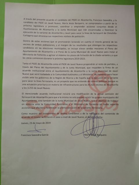 Los candidatos de Alcantarilla y Javalí Nuevo firman un acuerdo para hacer frente común por la variante ferroviaria ante el Gobierno de España - 1, Foto 1