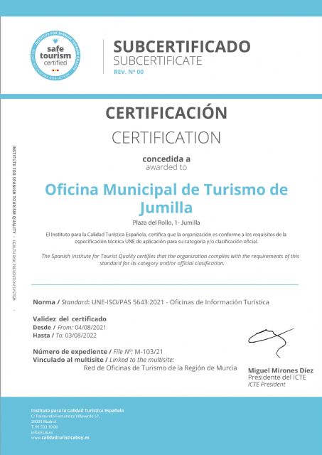 La Oficina de Turismo de Jumilla ya cuenta con las certificaciones Q de Calidad y SAFE - 2, Foto 2