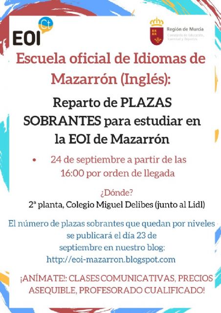 Este martes 24 se reparten las plazas sobrantes de la EOI de Mazarrón - 1, Foto 1