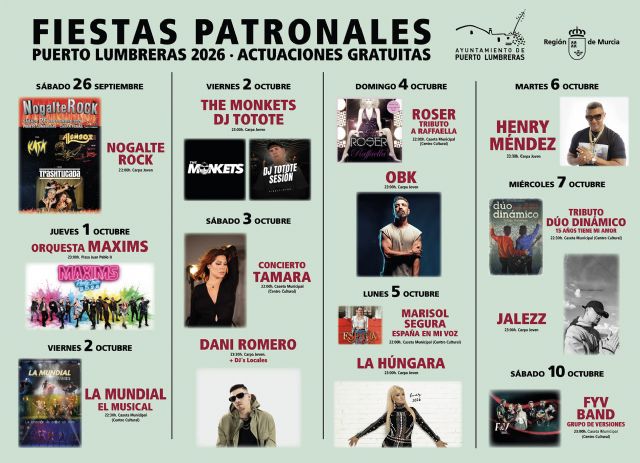 Puerto Lumbreras celebrará sus Fiestas Patronales 2026 con los conciertos de Henry Méndez, La Húngara, Tamara, Dani Romero, Jalezz, OBK y DJ Totote - 2, Foto 2