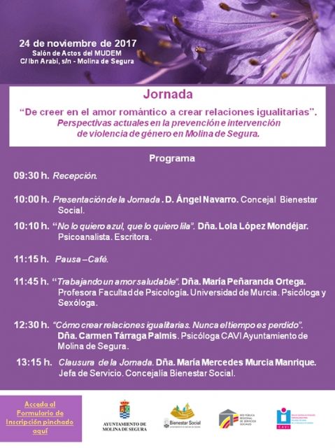 La Concejalía de Bienestar Social organiza la jornada DE CREER EN EL AMOR ROMÁNTICO A CREAR RELACIONES IGUALITARIAS. Perspectivas actuales en la prevención e intervención de violencia de género en Molina de Segura el viernes 24 de noviembre - 1, Foto 1
