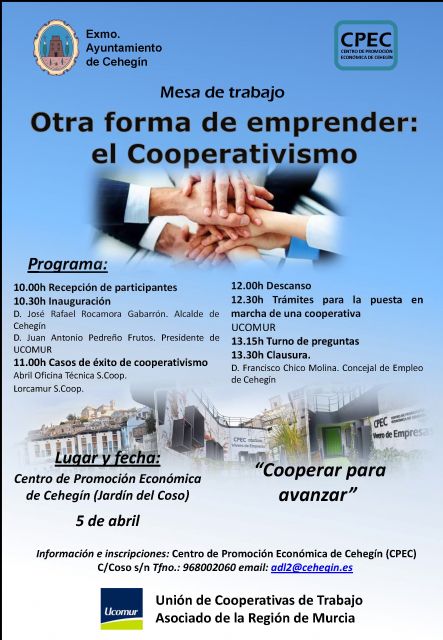 El Ayuntamiento de Cehegín y Ucomur trasladarán el modelo de emprendimiento cooperativista en una jornada con experiencias profesionales - 1, Foto 1