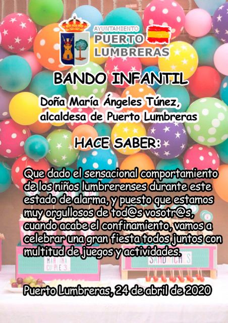 Puerto Lumbreras celebrará una gran fiesta para todos los niños para premiarles por su comportamiento durante el estado de alarma - 1, Foto 1