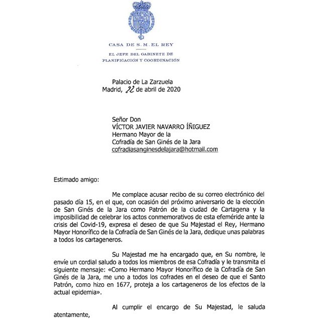 SM el Rey Felipe VI pide que San Ginés de la Jara proteja a todos los cartageneros - 2, Foto 2