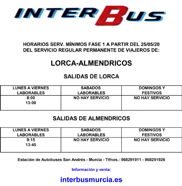 A partir de este lunes se restablecen las líneas de autobús que conectan Puerto Lumbreras con Almendricos y Lorca - 2, Foto 2
