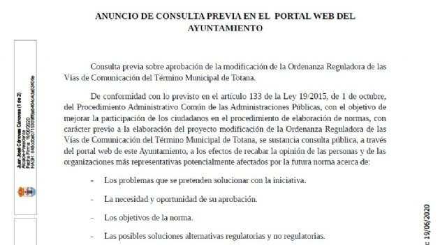 Publican en la web municipal el anuncio de consulta previa sobre aprobación para modificar la Ordenanza Reguladora de las Vías de Comunicación de Totana - 4, Foto 4