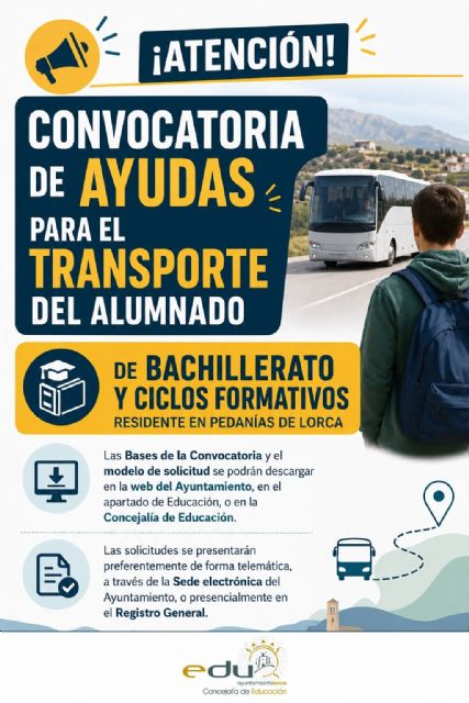 Abierto el plazo para solicitar lasayudasaltransportepara alumnos de Bachillerato y Ciclos Formativos residentes en las pedan�as de Lorca