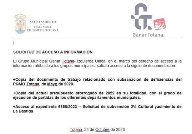 El Grupo Municipal Ganar Totana solicita información clave al equipo de gobierno para su labor de oposición, Foto 1