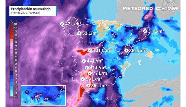 Lluvias previstas hasta la noche del jueves, con acumulados importantes en el centro y suroeste peninsular., Foto 1