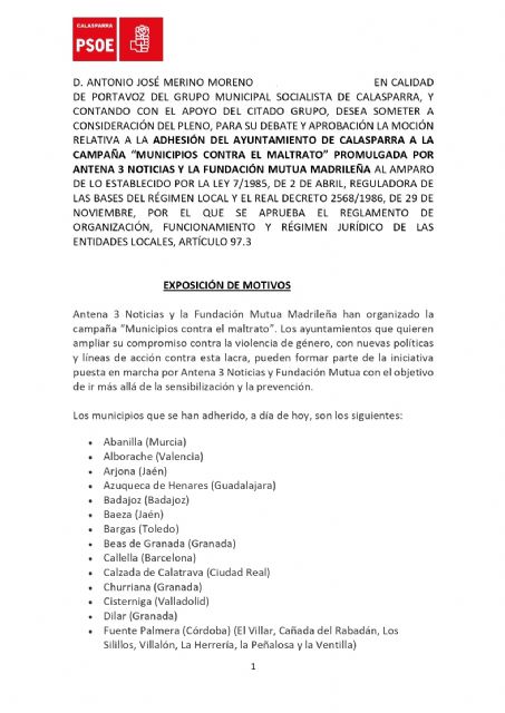 El Grupo Municipal Socialista de Calasparra registra una moción para la ADHESIÓN DEL AYUNTAMIENTO DE CALASPARRA A LA CAMPAÑA “MUNICIPIOS CONTRA EL MALTRATO” - 1, Foto 1