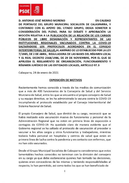 El PSOE de Calasparra presenta una moción sobre el escándalo de las vacunas - 1, Foto 1