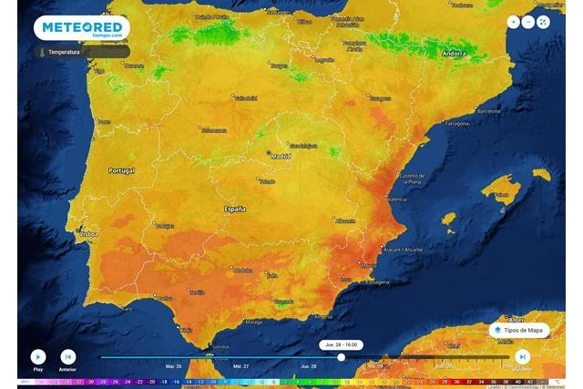 Temperaturas previstas para el mediodía del jueves, con registros superiores a los 20 °C a orillas del Mediterráneo y en Andalucía., Foto 1